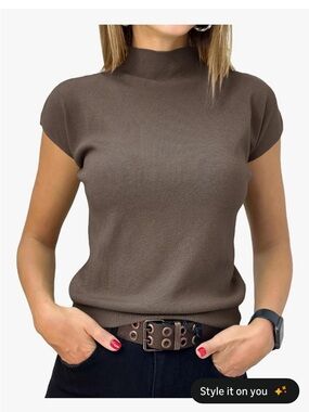 Brown Mock Neck Cap Sleeve Top